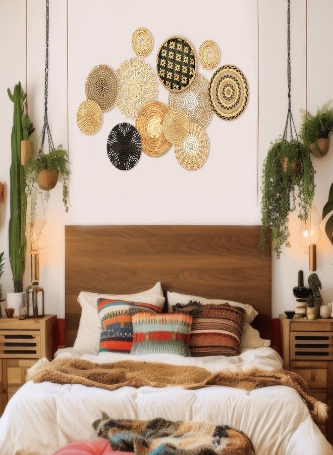 Glenmal Set of 13 Boho Wall Basket Decor Woven Rattan Flat Baskets Handmade Boho Wicker Bamboo Seagrass Wall Hanging Decor for Bedroom Living Room Dining Room Office Ready to Hang(Retro) - Image 4